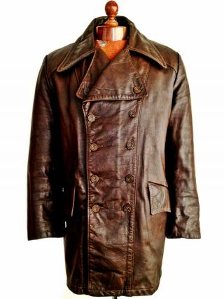 Vtg Mens 30s WW2 HORSEHIDE Leather LUFTWAFFE Officers Trench Coat Jacket German 2