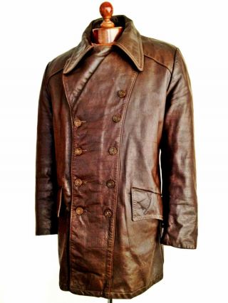 Vtg Mens 30s WW2 HORSEHIDE Leather LUFTWAFFE Officers Trench Coat Jacket German 4