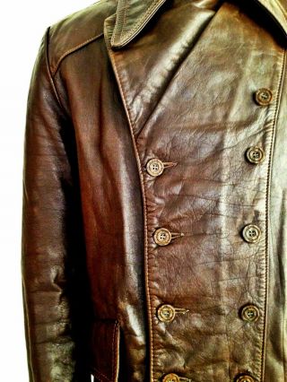 Vtg Mens 30s WW2 HORSEHIDE Leather LUFTWAFFE Officers Trench Coat Jacket German 5