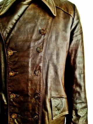 Vtg Mens 30s WW2 HORSEHIDE Leather LUFTWAFFE Officers Trench Coat Jacket German 6