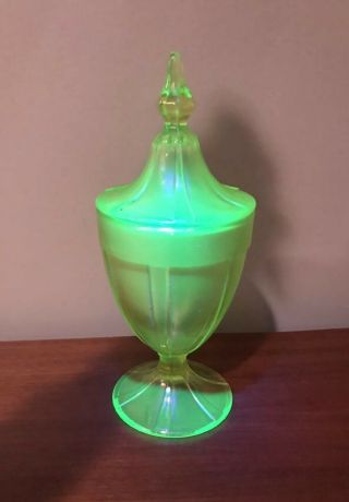 Vintage Fenton Stretch Carnival Vaseline Uranium Glass Candy Dish W/ Lid 1920 