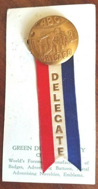 Art Deco 1938 American Bowling Congress Convention Delegate Brass Pin & Ribbon