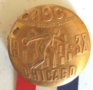 Art Deco 1938 American Bowling Congress Convention Delegate brass pin & ribbon 2