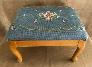 Needlepoint Hand Sewn Vintage Wooden Foot Stool Upholstered Wood Floral Blue
