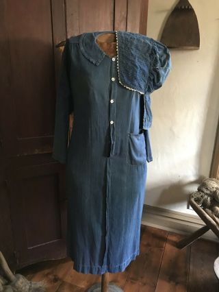 Early Antique Blue Calico Handmade Ladies Farm Dress Textile & Worn Bonnet Aafa