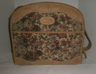 Vintage French Luggage Co.  Rose Floral Print Tapestry & Suede Carry On