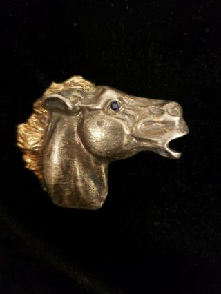 Rare Vintage Sterling Horse Head With 14k Gold Mane And Blue Diamond? Eye Pin