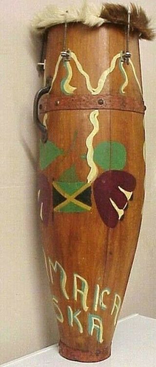Antique Jamaican Folk Art Hand Painted Wooden Conga Drum Percussion Instrument