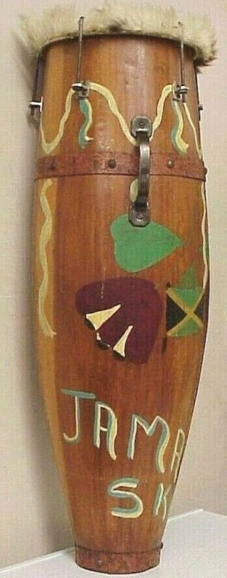 ANTIQUE JAMAICAN FOLK ART HAND PAINTED WOODEN CONGA DRUM PERCUSSION INSTRUMENT 2