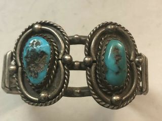 Antique Native American Indian Navajo Ingot Silver Fox Turquoise Heavy Bracelet.