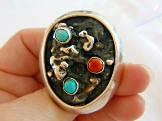 Vintage Kewa Leo Coriz Modernist Ring Turquoise Coral Sterling Silver 36.  3 Gram