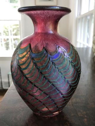 Signed,  Held Art Glass,  6” Iridescent Pulled Feather Vase Robert Held,  Vintage