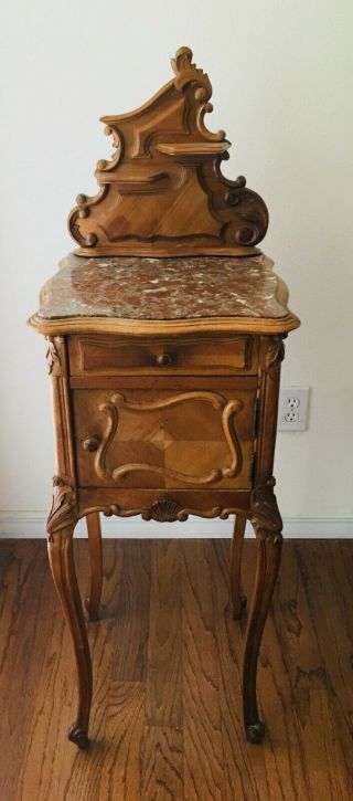 Antique French Louis Xv Nightstand In Solid And Veneered Walnut With Marble Top
