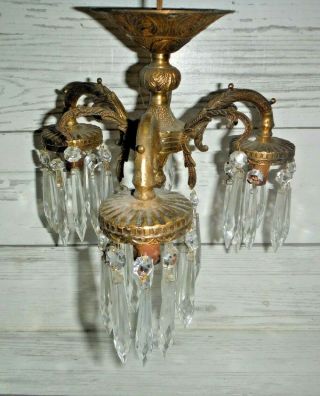 Vintage Chandelier,  Brass 3 Arm Ornate With Glass Prisms Ceiling Light Lamp
