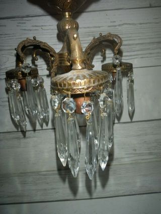 Vintage Chandelier,  Brass 3 Arm Ornate with Glass Prisms Ceiling Light Lamp 2