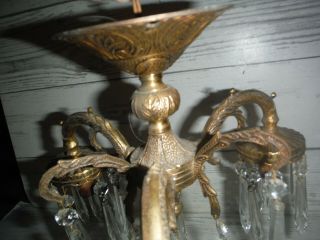Vintage Chandelier,  Brass 3 Arm Ornate with Glass Prisms Ceiling Light Lamp 4
