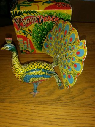 Vintage Tin Litho Wind Up Toy Proud Peacock Made By Alps Co Japan.