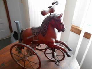 Antique Horse Hand Carved Childs Brass Tricycle,  Detail,  Leather Saddle