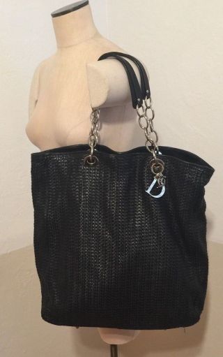 Vintage Christian Dior Black Leather/suede Tote Shoulder Bag W/chain Straps