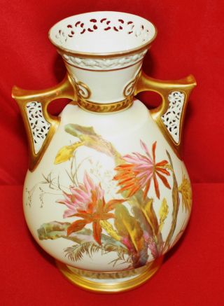 Rare Royal Worcester Blush Ivory Twin Reticulated Handled Vase No 1079