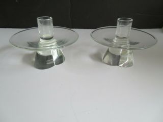 Vintage Signed Steuben Clear Art Glass Low Candlesticks Pair Mid Century Style