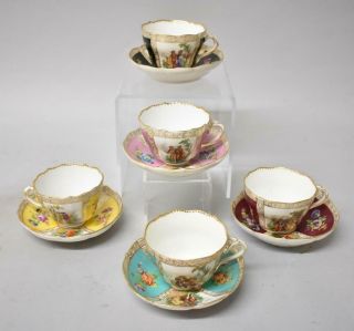Five Antique Dresden Quatrefoil Richard Klemm Teacups With Saucers Germany