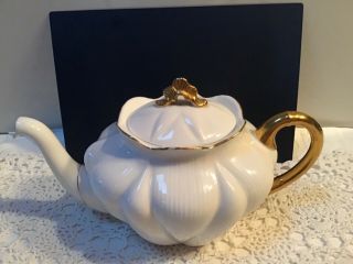 Vtg Shelley England Regency Teapot White & Gold Contains 4 Cups Fine Bone China