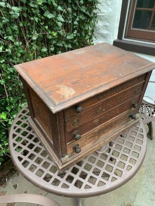 Antique Clark ' s Oak Wood 4 Drawer Sewing Spool Box Chest 2