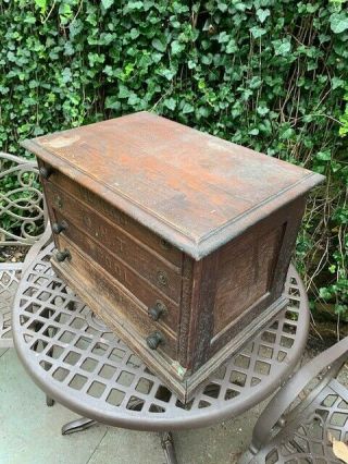 Antique Clark ' s Oak Wood 4 Drawer Sewing Spool Box Chest 5