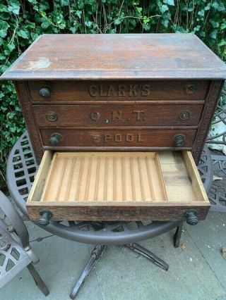 Antique Clark ' s Oak Wood 4 Drawer Sewing Spool Box Chest 6