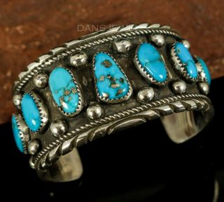 Heavy Ladies Navajo Vintage Old Pawn Traditional Morenci Turquoise Row Bracelet