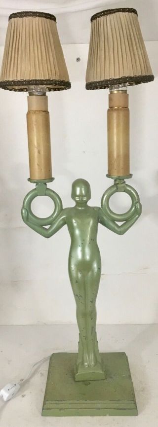 Frankart Art Deco Green Standing Nude Woman Lamp Double