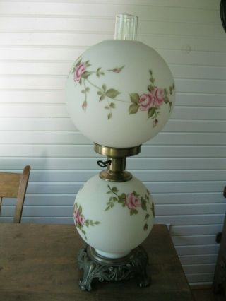 Vintage Gwtw Lamp 3 Way Hand Painted Pink Roses Floral On White Hurricane Lamp