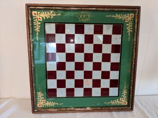 Gorgeous Vintage Reverse Painted Game Board Chess Checker 15 3/4 " By 15 3/4 "
