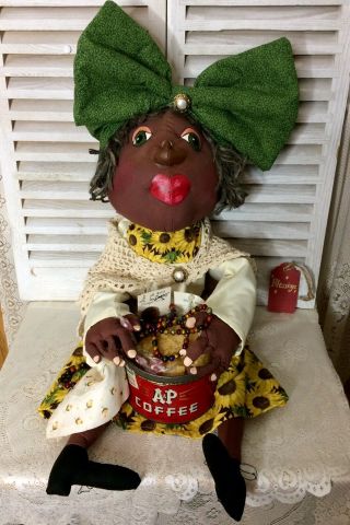 Primitive Black Folk Art Doll Handmade With Vintage Coffee Can " Miss Anna Mae "