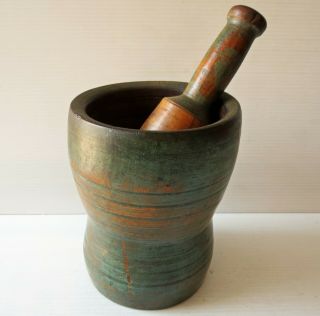 Antique 19th Century Wooden Mortar And Pestle W/blue Paint