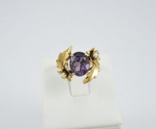 Vintage Atl 14k Gold Mid Century Amethyst Pearl Ring Size 7.  5