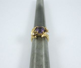 Vintage ATL 14k Gold Mid Century Amethyst Pearl Ring Size 7.  5 6