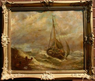 Large 19th.  Cen.  Antique Oil Painting Fishing Boats In Rough Seas Sig.  C Stanfield