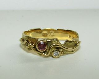 Unusual,  Antique Victorian Arts & Crafts 18 Ct Gold Ring With Ruby And Diamond