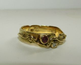 UNUSUAL,  ANTIQUE VICTORIAN ARTS & CRAFTS 18 CT GOLD RING WITH RUBY AND DIAMOND 2