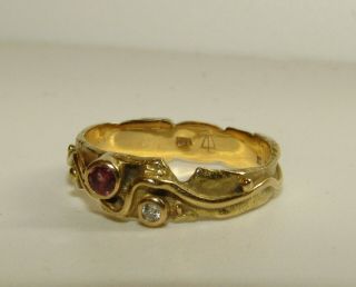 UNUSUAL,  ANTIQUE VICTORIAN ARTS & CRAFTS 18 CT GOLD RING WITH RUBY AND DIAMOND 3