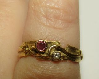 UNUSUAL,  ANTIQUE VICTORIAN ARTS & CRAFTS 18 CT GOLD RING WITH RUBY AND DIAMOND 6