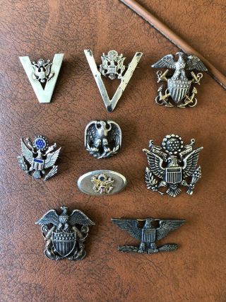 (9) Vintage Ww2 Us Military Sterling Silver Eagle Badges & Pins