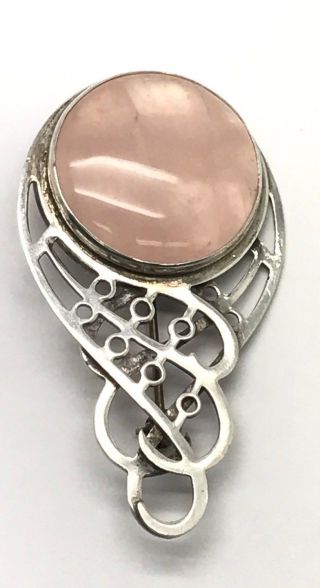 Vintage Oxidized Sterling Silver 925 Pink Rose Quartz Swirl Loop Pin Brooch