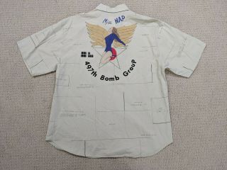 Vintage Test Pilot Button Up Shirt Mens Large 497th Bomb Group Miss Hap Airforce