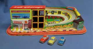 Vintage Tin Lift Car Garage Litho Toy - Technofix Windup With 3 Cars