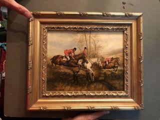 Vintage Oil Painting O/c On Wood Board Riding Horses Fox Hunt Scene Signed