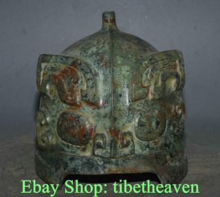 9.  6 " Antique China Bronze Ware Shang Dynasty Beast Face Soldiers Casque Helmet