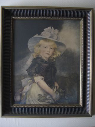 Antique Old Girl Portrait Color Lithograph Print,  Framed,  20 " X 16 " (image)